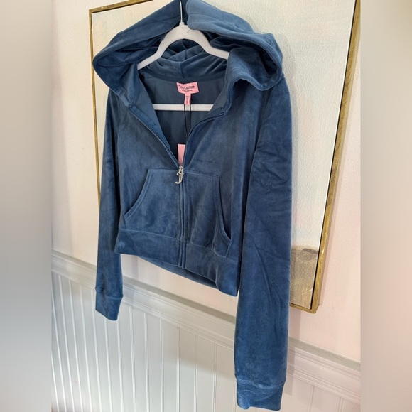 JUICY COUTURE Womens Classic Rhinestone Juicy Velour Hoodie Midnight Sea Sz Sm - Picture 7 of 8